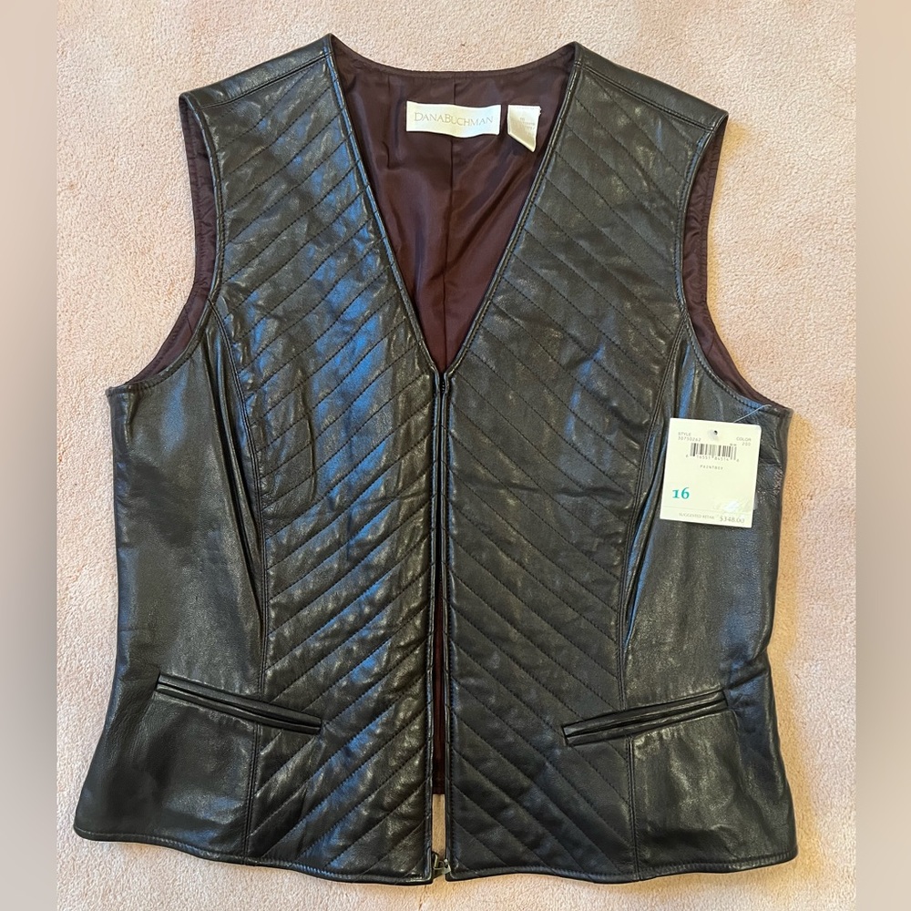 NWT (new with tags) Dana Buchman Quilted Dark Brown Leather Vest